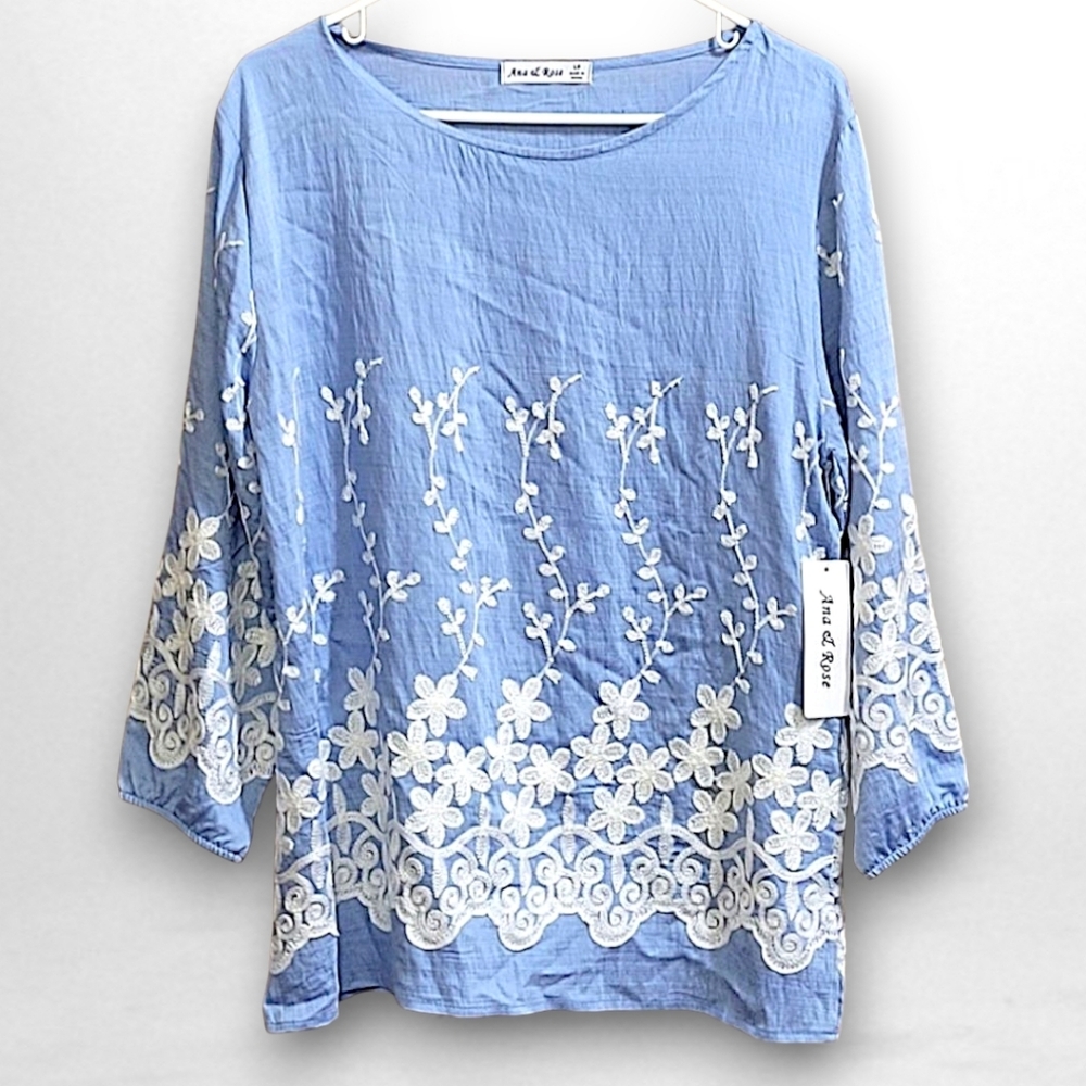 🆑️ Ana & Rose Blue Relaxed Tunic with Floral 3/4 Sleeves Size LP